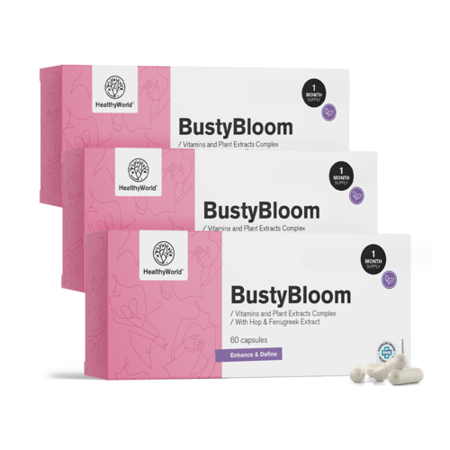 3x BustyBloom – complejo de vitaminas y extractos vegetales, en total 180 cápsulas