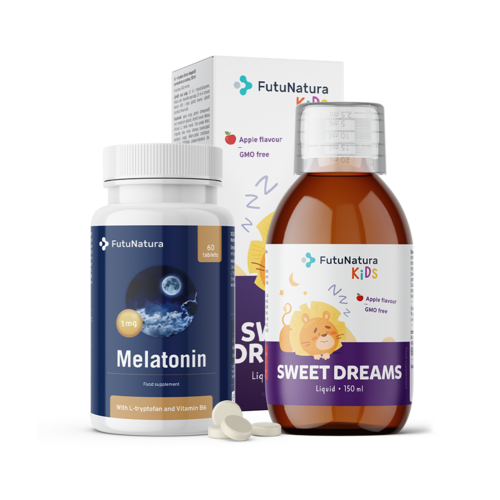 Noche tranquila: melatonina + complemento alimenticio líquido para niños, set