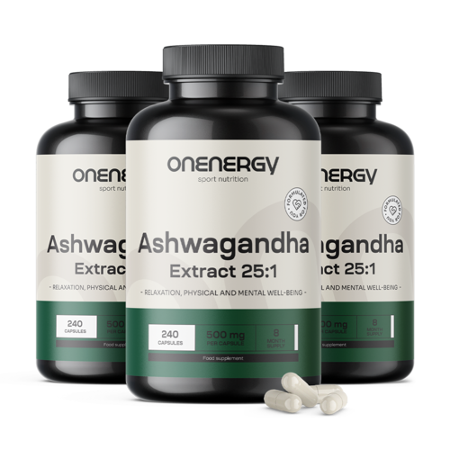 3x Ashwagandha 500 mg – extracto 25:1, en total 720 cápsulas