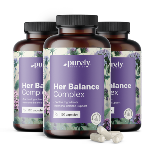 3x Her Balance: complejo con ñame silvestre, trébol encarnado, valeriana y vitaminas, en total 360 cápsulas